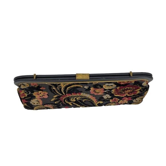 Vintage 60s Verdi Tapestry Carpet Bag Clutch Black 3D Embroidered Floral Framed - Picture 6 of 13